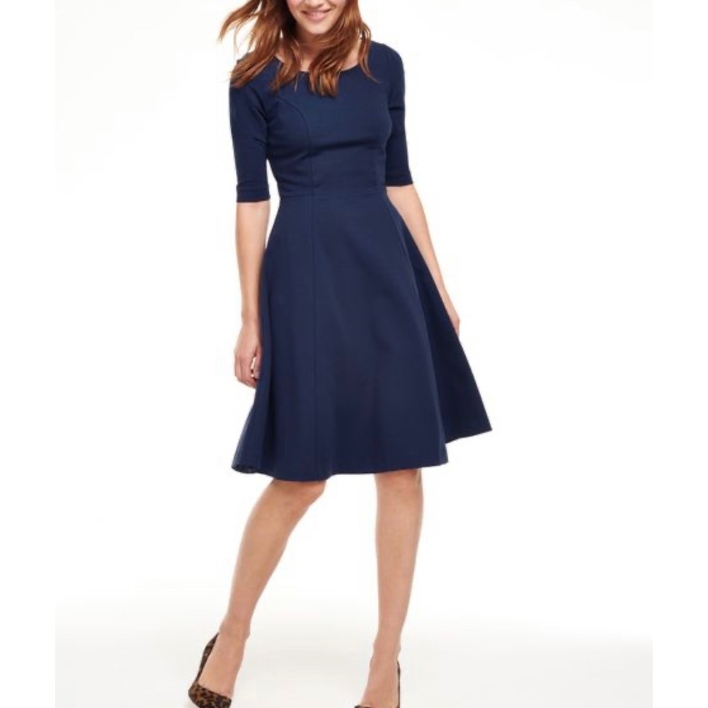 Boden Navy Ponte Fit and Flare Dress 3/4 Sleeve Scoop Neck Skater Style Sz 4